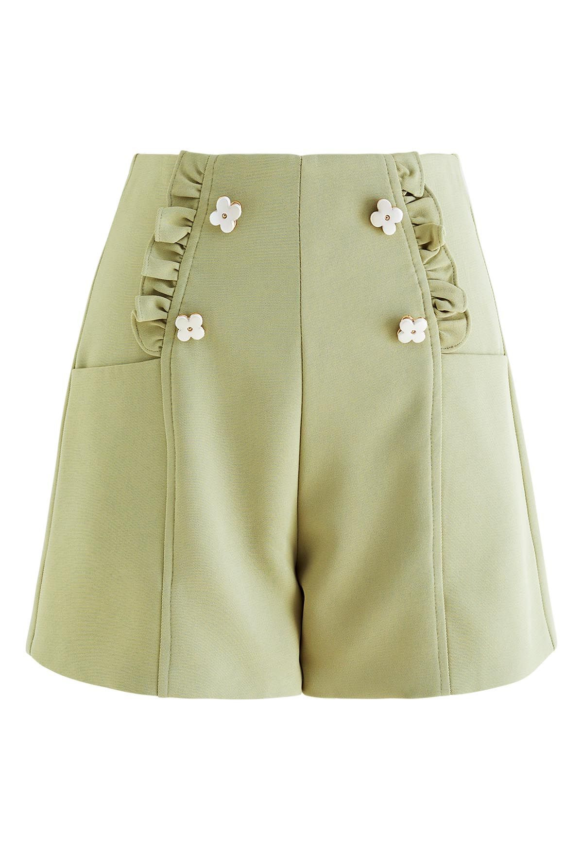 Adorable Flower Ruffle Trim Shorts in Pea Green | Chicwish