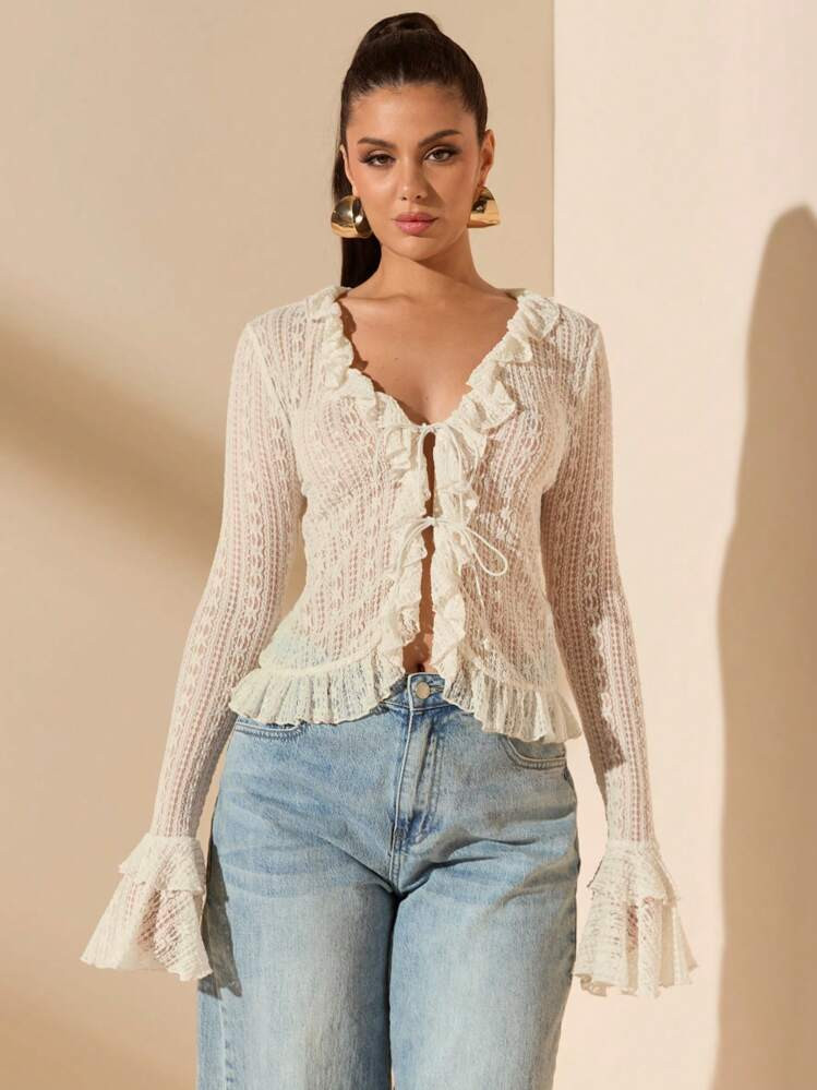 SHEIN BAE Apricot Sexy Simple Lace Tie-Up Long Sleeve Ruffle Hem Sweet Women Blouse, Suitable For Spring, Summer, Valentine's Day, Party, Date, Bridesmaid, Daily Commute, Birthday | SHEIN