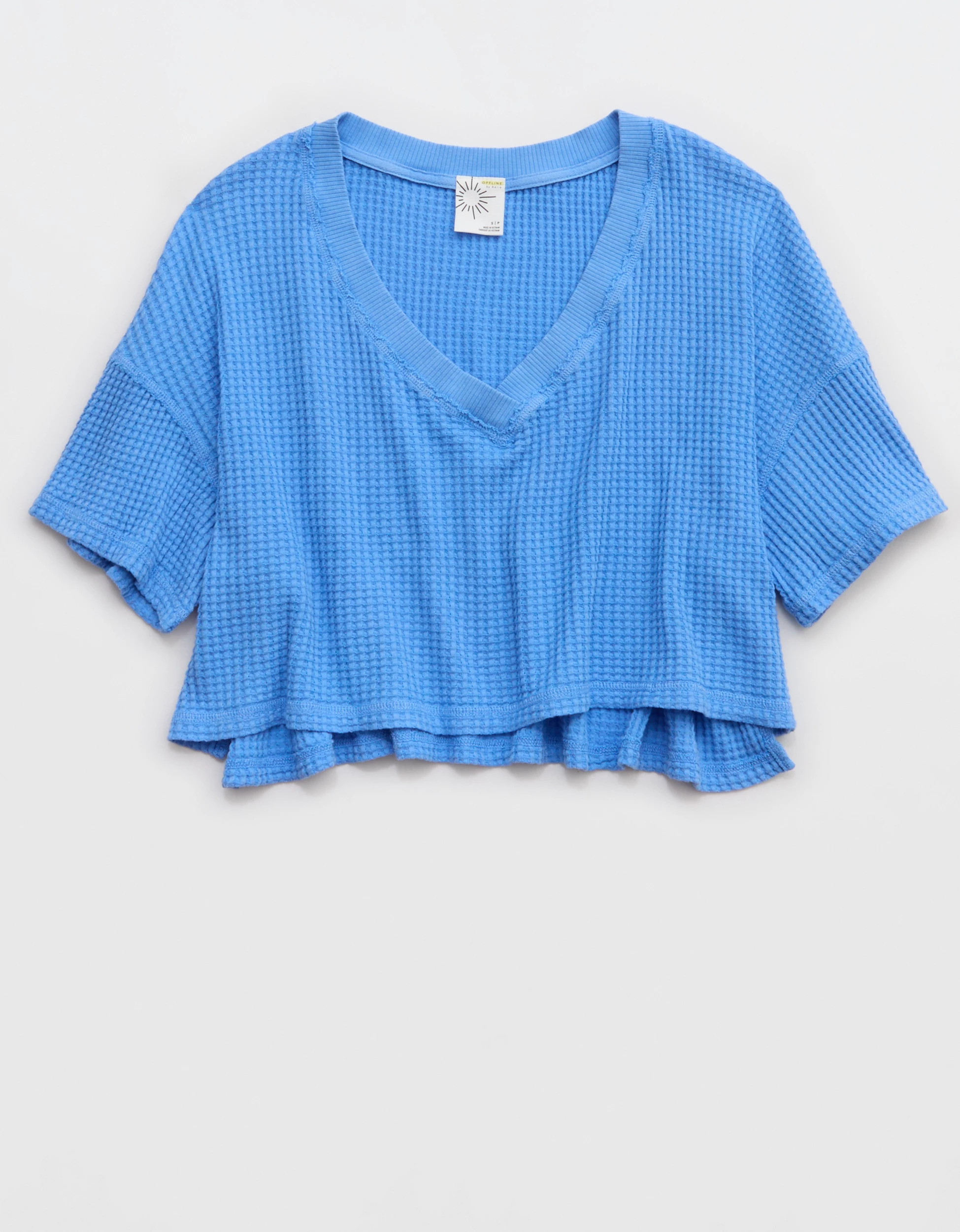 OFFLINE By Aerie Wow! Waffle V Neck Cropped Relaxed Short Sleeve T-Shirt | Aerie
