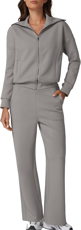 QINSEN Women's Cotton 2 Piece Outfits Lapel Long Sleeve Zip Up Sweatshirt Wide Leg Pants Matching... | Amazon (US)