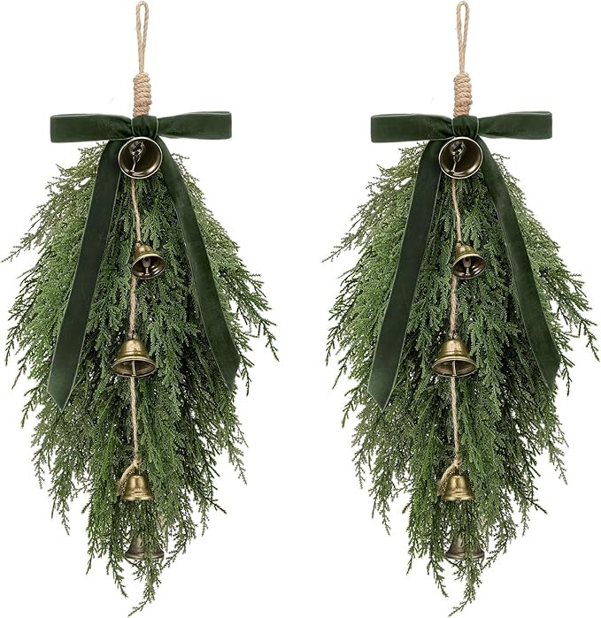 Shihanee 2 Pack Christmas Greenery Cedar Teardrop Swag with Velvet Ribbon Bow and Rustic Vintage ... | Amazon (US)