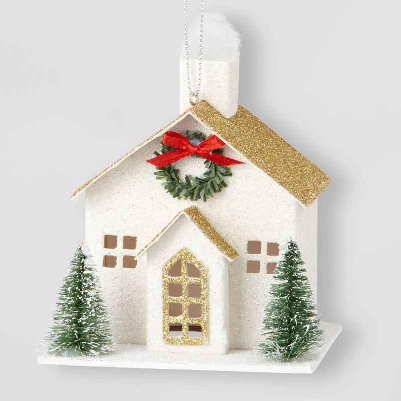 Paper House with Green Sisal Trees &#38; Gold Roof Christmas Tree Ornament - Wondershop&#8482; | Target