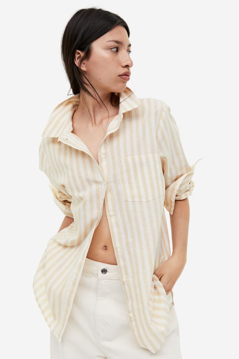 Linen-blend Shirt - Beige/Striped - Ladies | H&M US | H&M (US + CA)