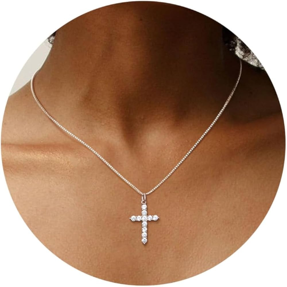 ORAZIO Cross Necklace for Women 925 Sterling Silver Cross Necklace Tiny CZ Silver/Gold Cross Neck... | Amazon (US)