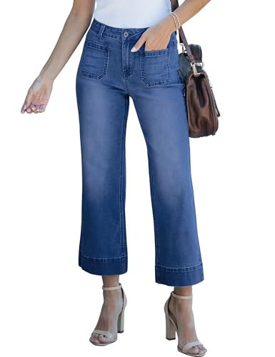 luvamia Wide Leg Jeans for Women Trendy High Waisted Flare Jeans Cropped Denim Pants Stretchy Baggy with Patch Pockets Cute Jeans for Women Dark Wash Jeans Women Darkness Blue Size 16 Size 18 | Amazon (US)