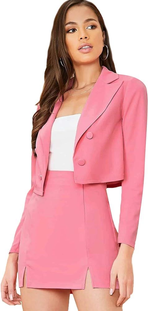 Amazon.com: SheIn Women's Lapel Collar Double Breasted Blazer and Split High Waist Mini Skirt Set... | Amazon (US)