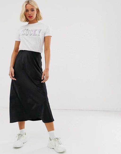 New Look satin midi skirt in black | ASOS US
