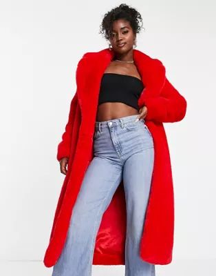 Ever New oversized faux fur midi coat in pillarbox red | ASOS (Global)