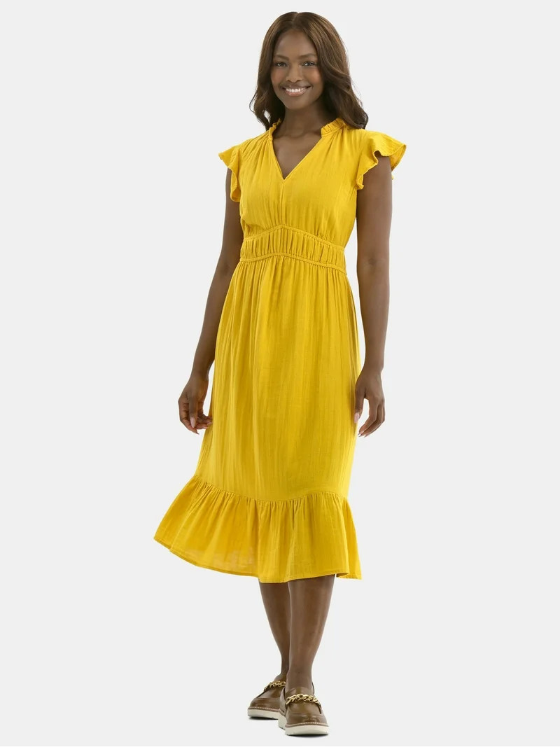 Time and Tru Women's Double Cloth Cotton Midi Dress with Flutter Sleeves, Sizes XS-XXXL | Walmart (US)