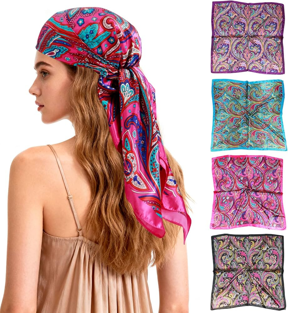 Ciormis 35" Silk Head Scarf for Women, 4 Pcs Satin Hair Scarf Square Silk Bandana Top Neck Scarve... | Amazon (US)