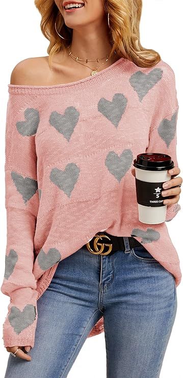 Chang Yun Women Off Shoulder Knitted Pullovers Sweater Loose Long Sleeve Hearts Printed Ripped To... | Amazon (US)