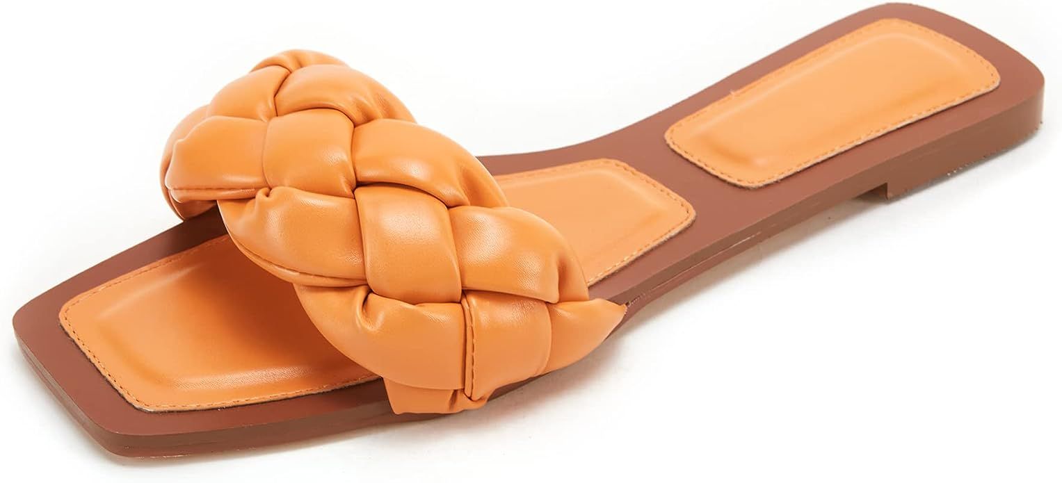 VETASTE Women's Braided Strap Slide Sandals Squared Open Toe Slip-on Leather Flat Slippers | Amazon (US)