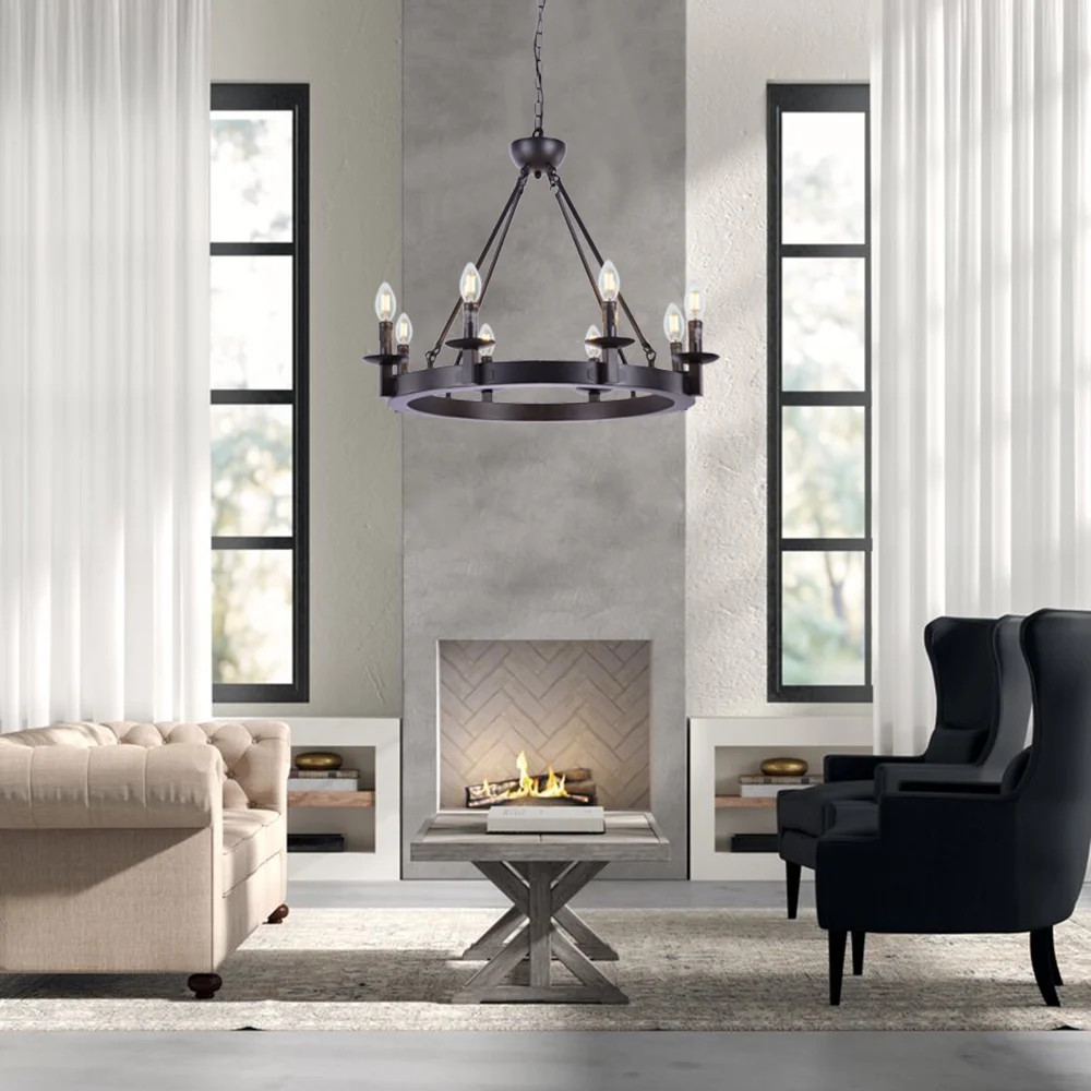 Wellmet Black Farmhouse Chandeliers Wagon Wheel, Industrial 8 Lights Iron Lighting Candle Style 2... | Walmart (US)