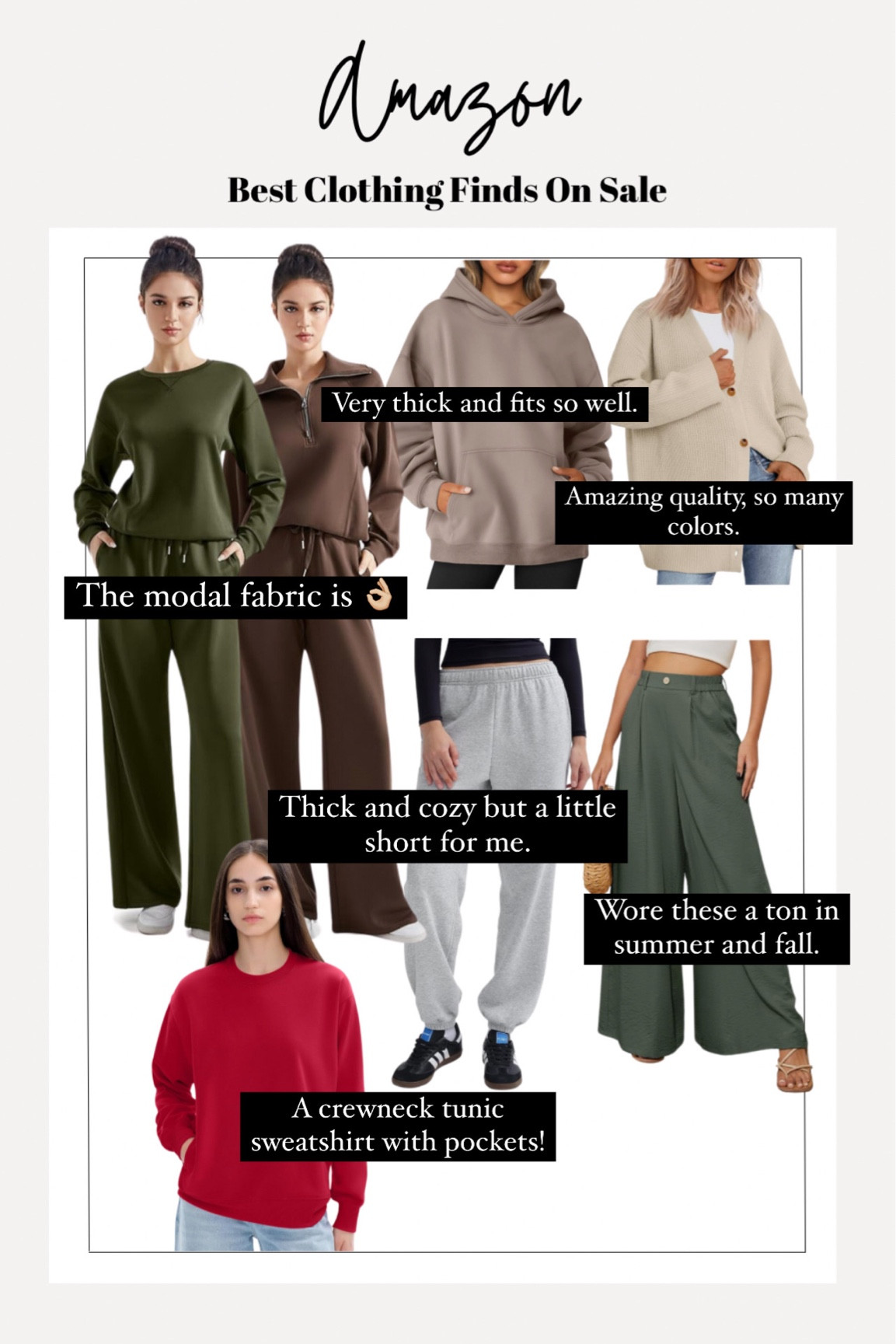 Best of Amazon clothing finds
Loungewear sets, I like to size up to the large for a little more length, even though it is the same inseam as the medium
Hoodie, I sized up to medium
Cardigan, tts, I have small
Sweatpants cuffed, I sized up to medium
Wide leg linen blend pants, I wear medium 32”
Crewneck tunic sweatshirt with pockets, haven’t tried on but would get large for oversized fit


#LTKGiftGuide #LTKHoliday #LTKSeasonal