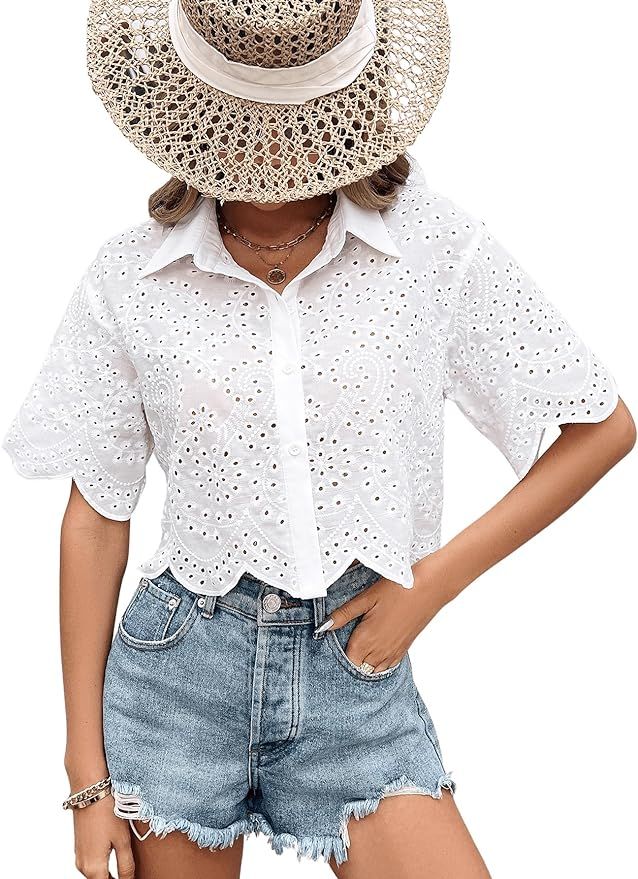 SweatyRocks Women's Short Sleeve Button Down Eyelet Crochet Shirt Asymmetrical Hem Crop Top Blous... | Amazon (US)