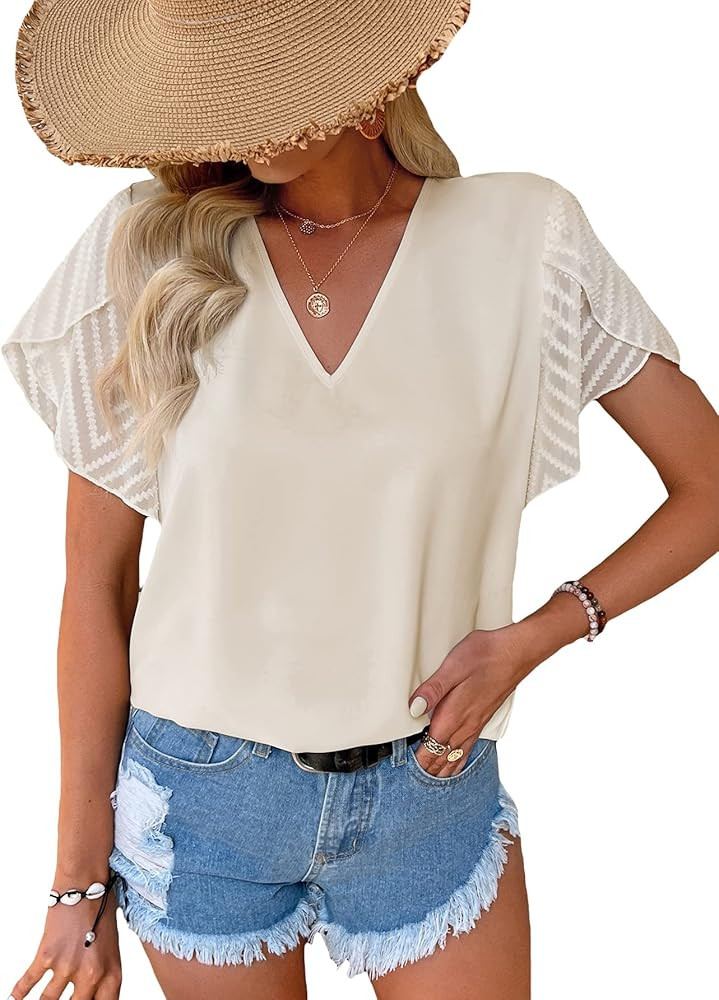 OYOANGLE Women's V Neck Short Sleeve Solid Blouse Office Business Casual Tops Shirt | Amazon (US)