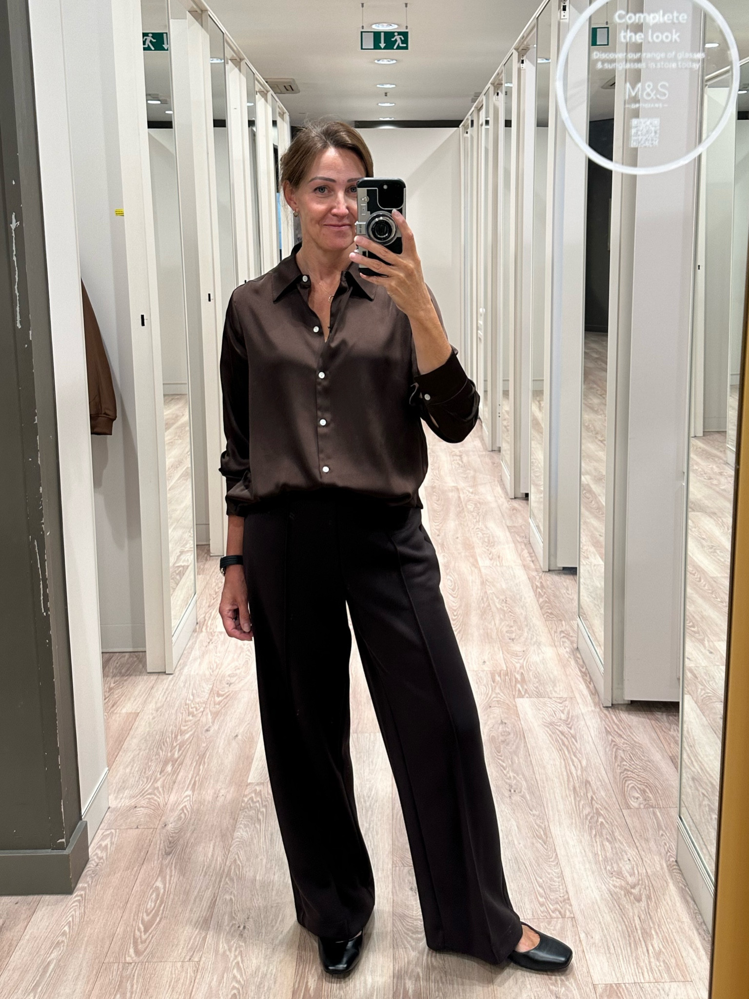 Chocolatey gorgeousness at M&S. chocolate brown satin shirt with chocolate brown wide leg jersey twists and Mary Janes.