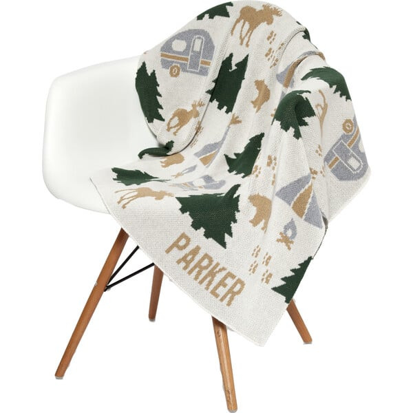 Monogrammed Happy Camper Baby Throw, Aluminum/Oatmeal - in2green Decorative Pillows & Throws | Ma... | Maisonette