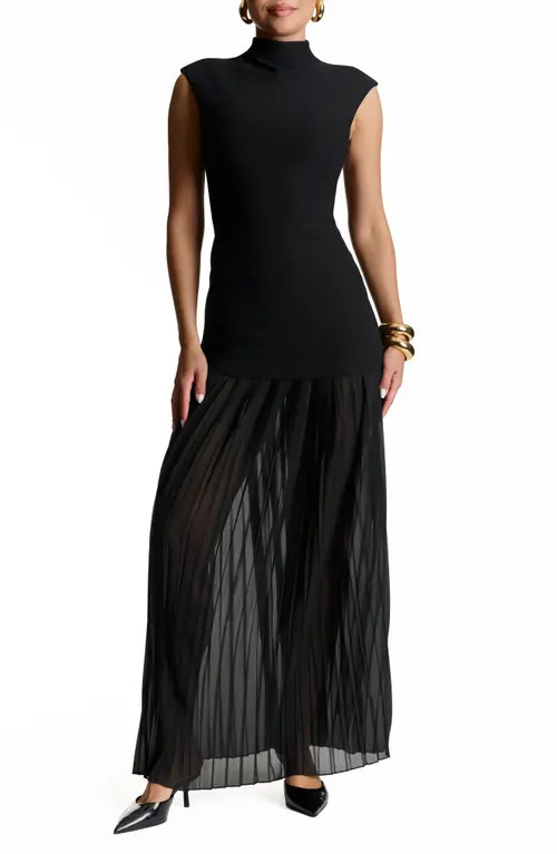 Naked Wardrobe Funnel Neck Mixed Media Maxi Dress in Black at Nordstrom, Size Medium | Nordstrom