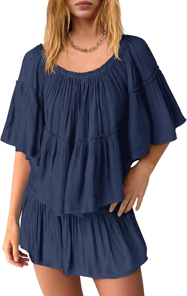 Panadila Women Shorts Sets 2 Piece Outfits Matching Lounge Sets Off Shoulder Batwing Tops and Flowy Skorts | Amazon (US)