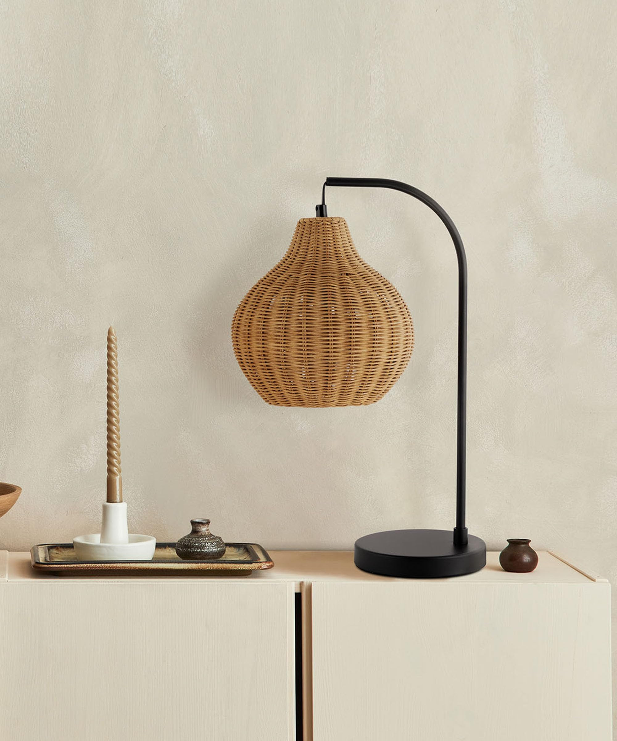 HarvestLand Sunwoven 20” Boho Table Lamp – Woven nightstand lamp, Rattan Lamp with Curved Bla... | Amazon (US)