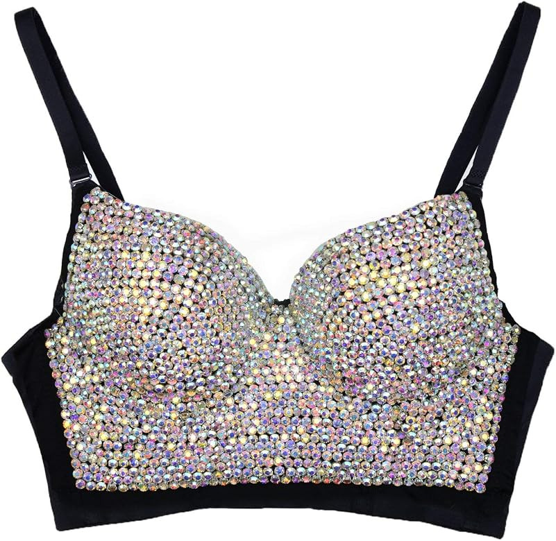 ELLACCI Women's Rhinestone Colored Diamond Luxury Bustier Crop Top Sexy Punk Corset Bra Black | Amazon (US)
