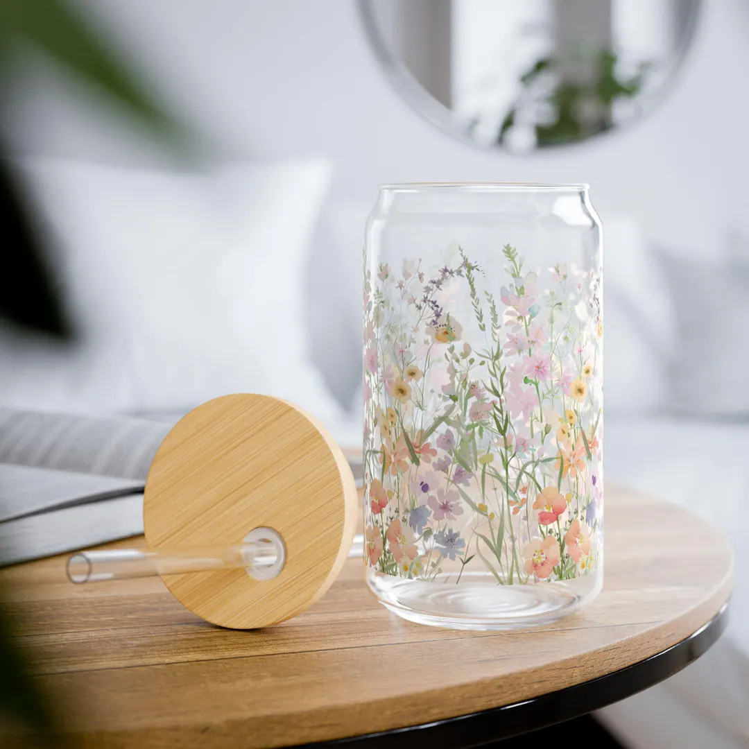 Wildflower Iced Coffee Glass Tumbler Cottagecore Floral Glass Can With Lid And Straw Flower Coffe... | Etsy (Global)