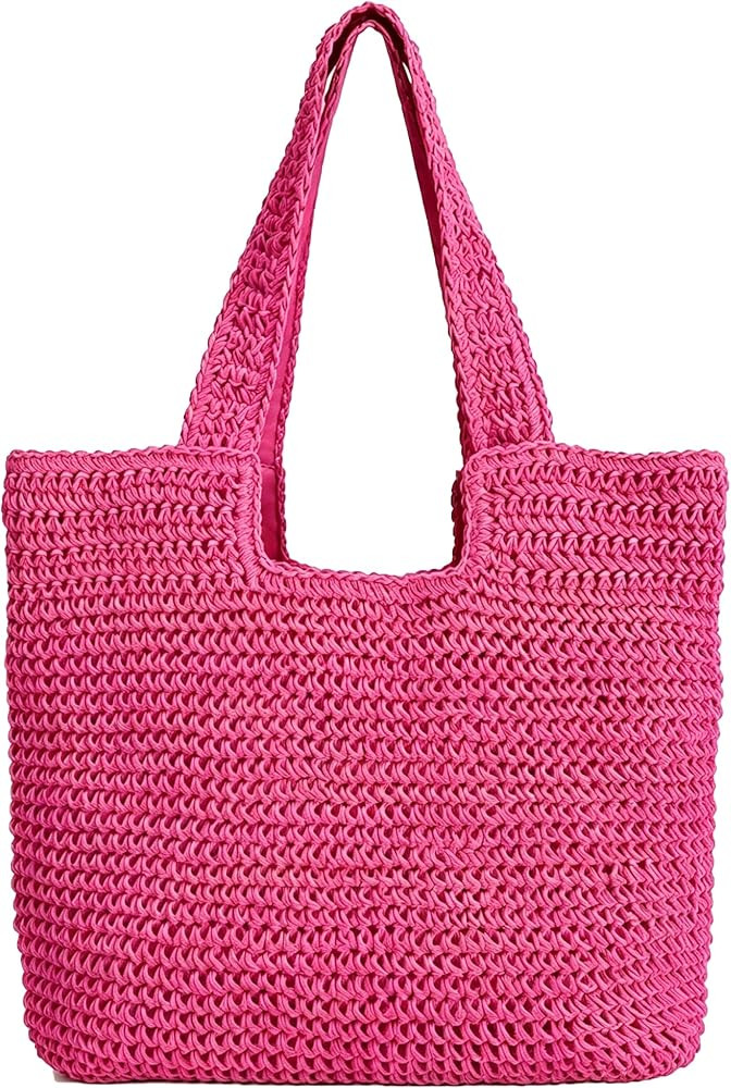Straw Bags for Women Summer - Raffia Tote Beach Bag with Zipper, Woven Shoulder Purse for Vacatio... | Amazon (US)