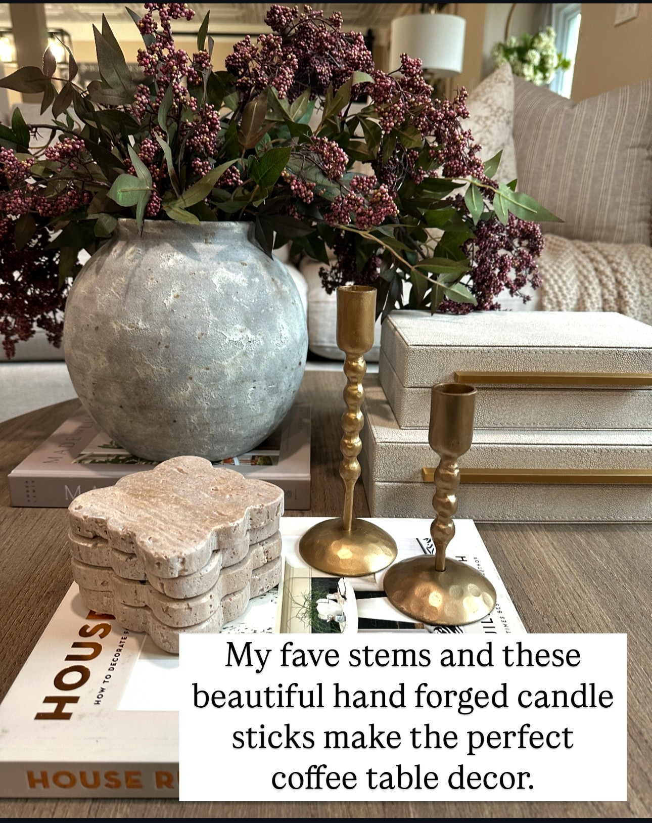  Coffee Table Styling. Follow @farmtotablecreations on Instagram for more inspiration.

Use code FARMTOTABLE20 for 20% off stems.

Sharing my favorite stems again from Eco Chic Home. Absolutely love these and there are three nestled inside this vase. Not to mention these beautiful candlesticks add a warm element to this space. 

Spring Refresh |  Bedroom Finds | Neutral Stems | Spring Stems | Bookshelf Decor | Bedroom Space | Cozy Corner | Bathroom | Curated Entryway | Spring  Decor | End of Year Clearance | Trending Decor | Viral Decor  | Coffee Table Decor | Neutral Decor | Stem Sale | Target Finds | Skinny Bench | Bedroom | Living Room | Breakfast Nook | Amazon Home | Target Sale | Loloi Rugs | Magnolia Home | console table | console table styling | faux stems | entryway space | front porch decor | neutral decor | entryway decor | cozy home | affordable decor |  home decor | home inspiration | console styling | entryway rug | cozy moody home | moody home decor | neutral home | bathroom decor | living room | spring decor | Hearth & Hand | Studio McGee | 2025 Home Trends | trending home |


#LTKSaleAlert #LTKHome #LTKFindsUnder50