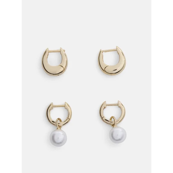 Free Assembly Women's Demi Fine 14K Gold Plated Simulated Pearl and Hoop Earring Set, 2-Pairs | Walmart (US)