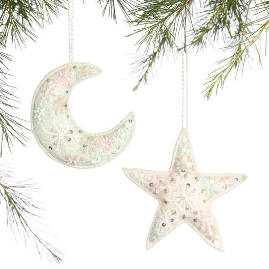Embroidered Fabric Moon and Star Ornaments Set of 2 by World Market | World Market