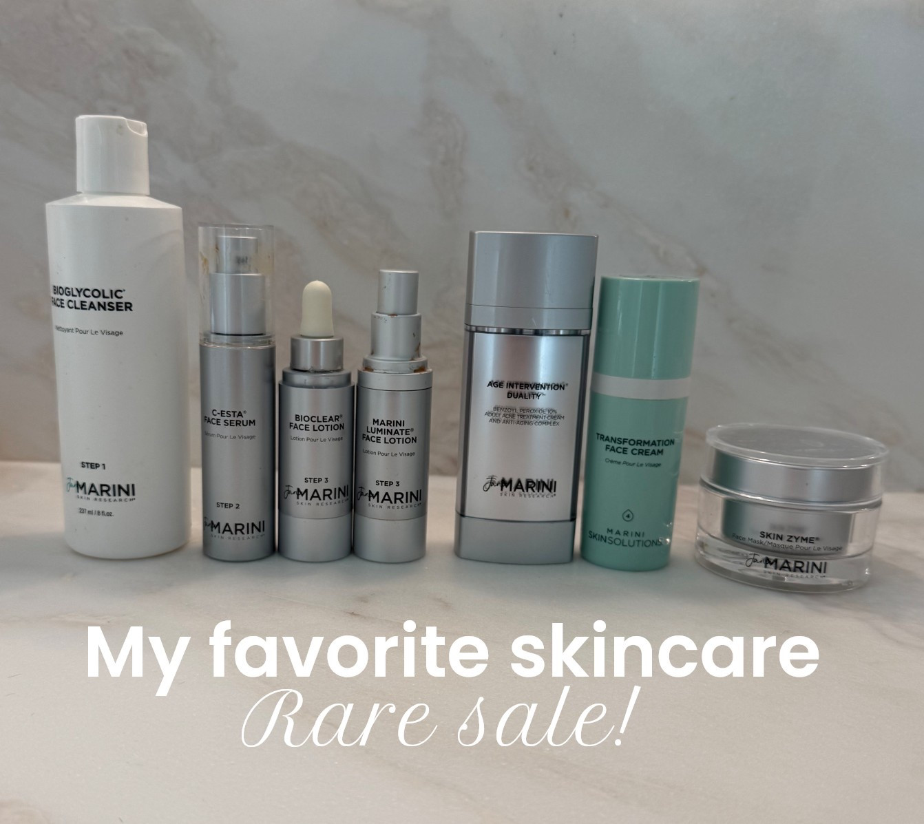Jan marini on sale 30% off with code SAVE30 

If you plan on buying the face wash, bio clear, and vitamin c it is cheaper to buy the set! 

Skincare routine 

Face wash - apply on dry skin and wipe away with damp warm cloth 

C-esta: vitamin c

Bio clear: Glycolic, salicylic, & azelaic acids work together to reduce the appearance of fine lines, clear pores, decrease blemishes and redness, and brighten skin, for a smoother, clearer, more luminous complexion

Luminate face lotion: brighter skin - turmeric, peptides, licorice, arbutin, retinol and more, shown to reduce the appearance of discoloration, fine lines and wrinkles

Duality: Retinol, benzoyl peroxide, green tea extract, peptides, and antioxidants deliver serious acne control and dramatic anti-aging benefits for the skin, in one amazing product.

Transformation cream: anti-aging peptides, and hyaluronic acid to nourish and rejuvenate skin while supporting collagen and elastin

Skin zyme face mask: gently resurface to reveal healthy, smooth, and polished skin


#LTKSaleAlert #LTKBeauty #LTKselfcare
