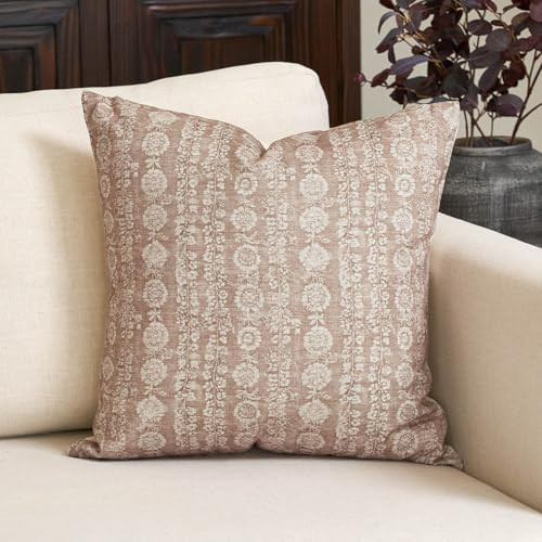 Amor Virisso Vintage Floral Throw Pillow Covers 24x24 Striped Farmhouse Block Print Pillow Cover Boho Neutral Decorative Pillows for Living Room Bed, Light Camel | Amazon (US)