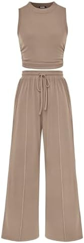 BTFBM Summer Outfits For Women 2026 Cropped Sleeveless Tank Tops Wide Leg Pants 2 Piece Sets Beac... | Amazon (US)