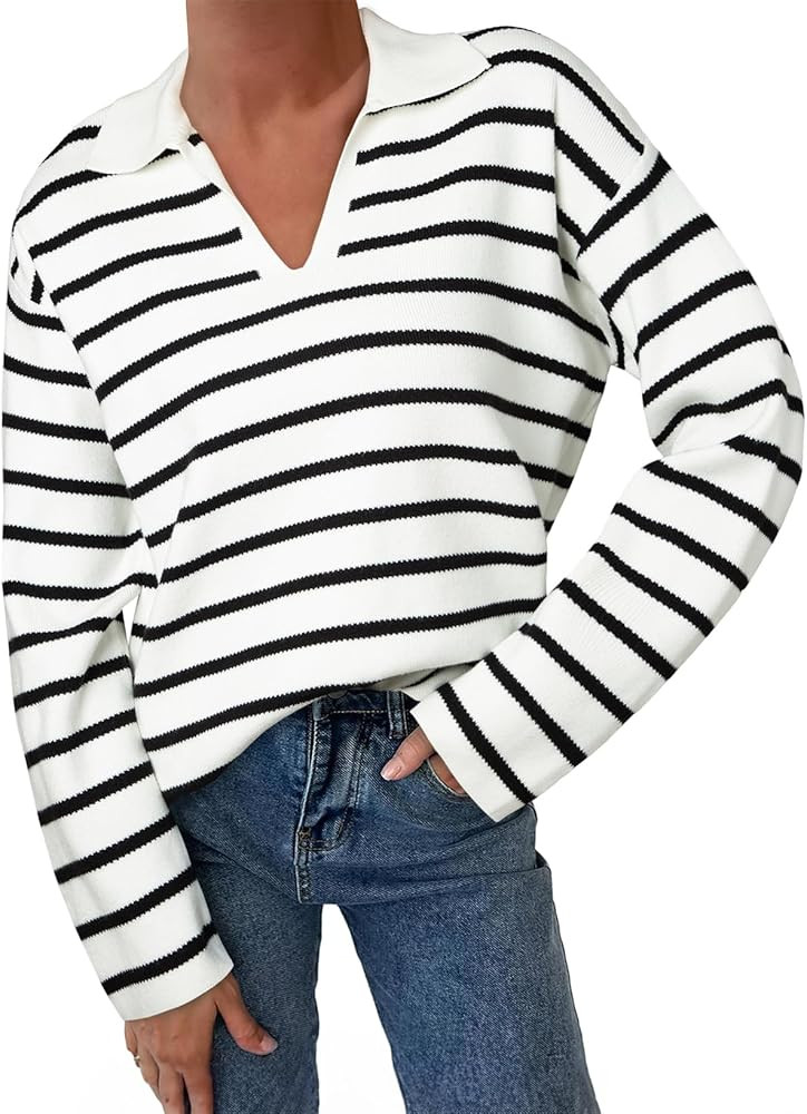 EVALESS Sweaters for Women Long Sleeve V Neck Striped Knit Drop Shoulder Fall Jumper 2024 Henley ... | Amazon (US)