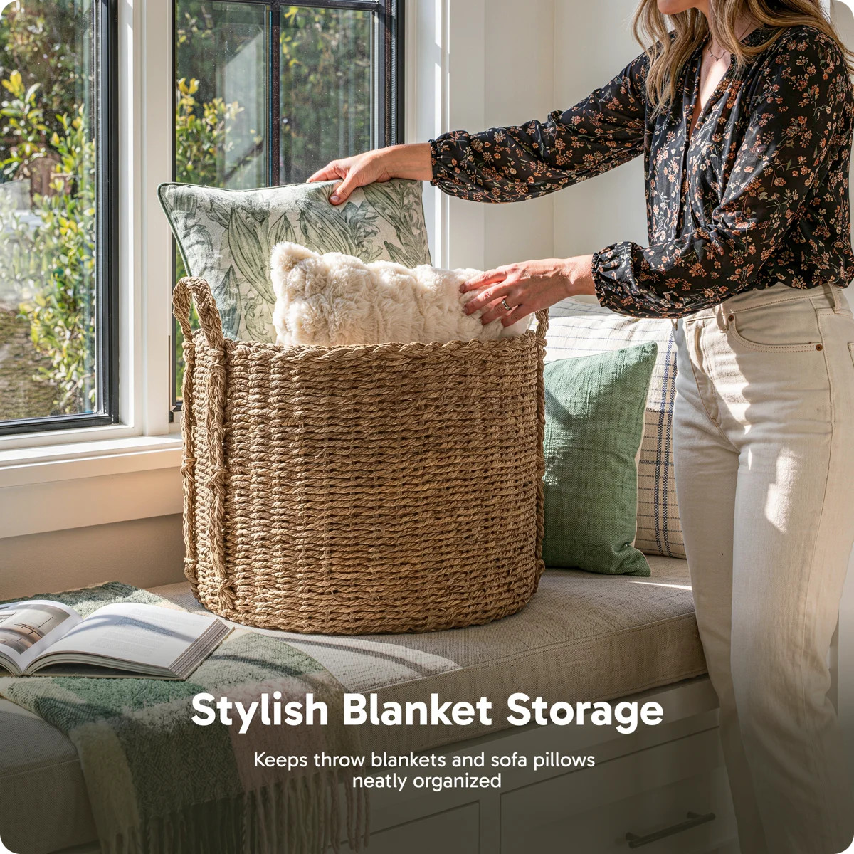 Hand-Woven Natural Bulrush Storage Basket with Braided Handles | Wayfair North America