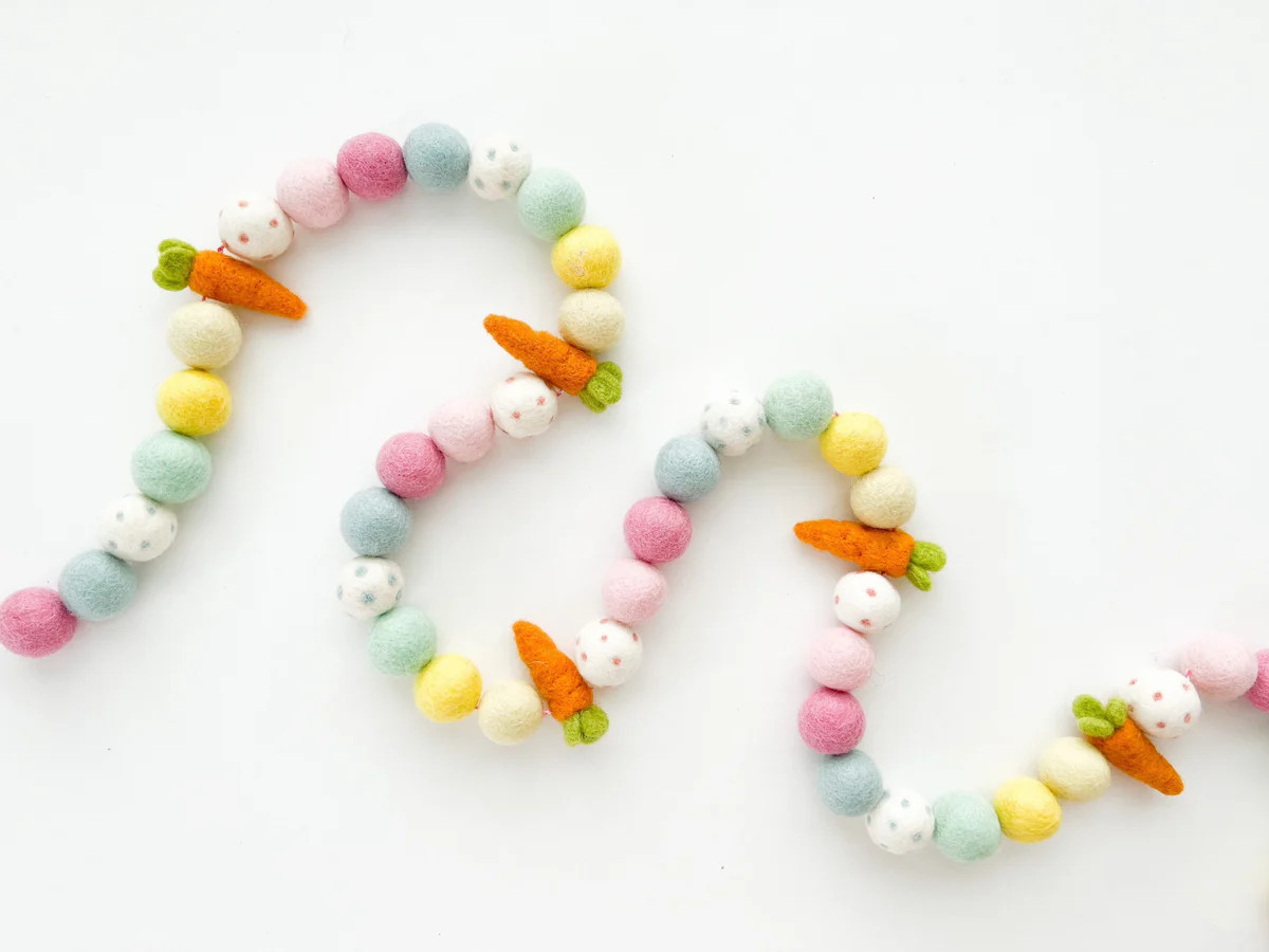 Spring Pastel Carrot Felt Ball Garland Collaboration with Shakira Patt | Pearl & Jane