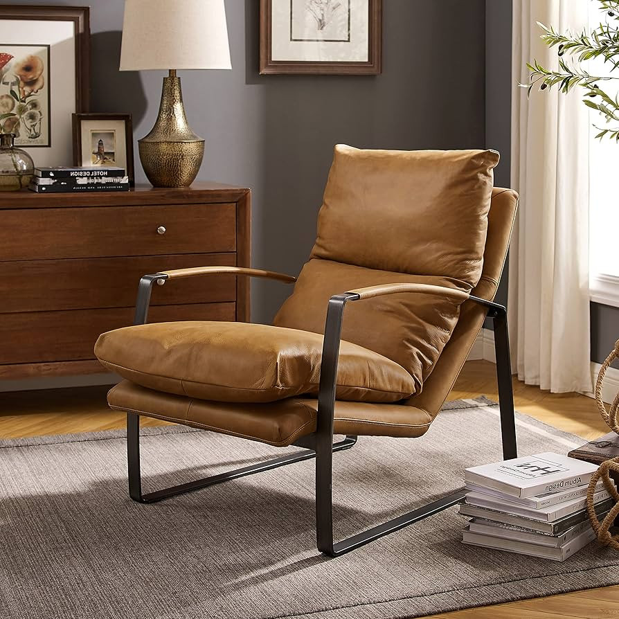 Art Leon Genuine Leather Accent Chair, Mid Century Modern Living Room Chair Lounge Chair with Bla... | Amazon (US)