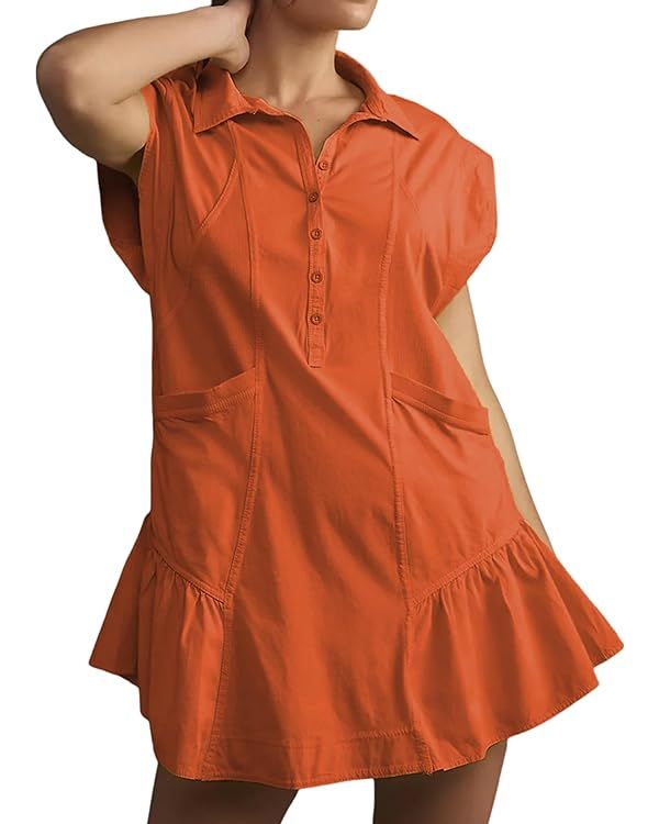 EsheSy Women's Button Down Shirt Dress Short Sleeve Patchwork Mini Dress with Pockets | Amazon (US)