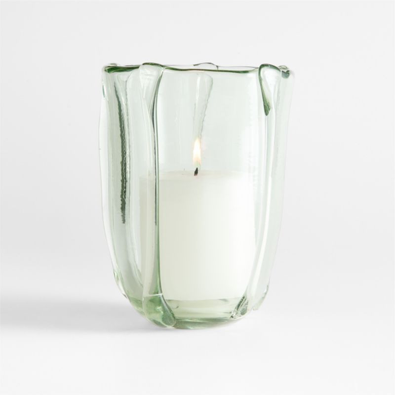 Isla Medium Smoke Green Recycled Glass Hurricane Candle Holder | Crate & Barrel | Crate & Barrel
