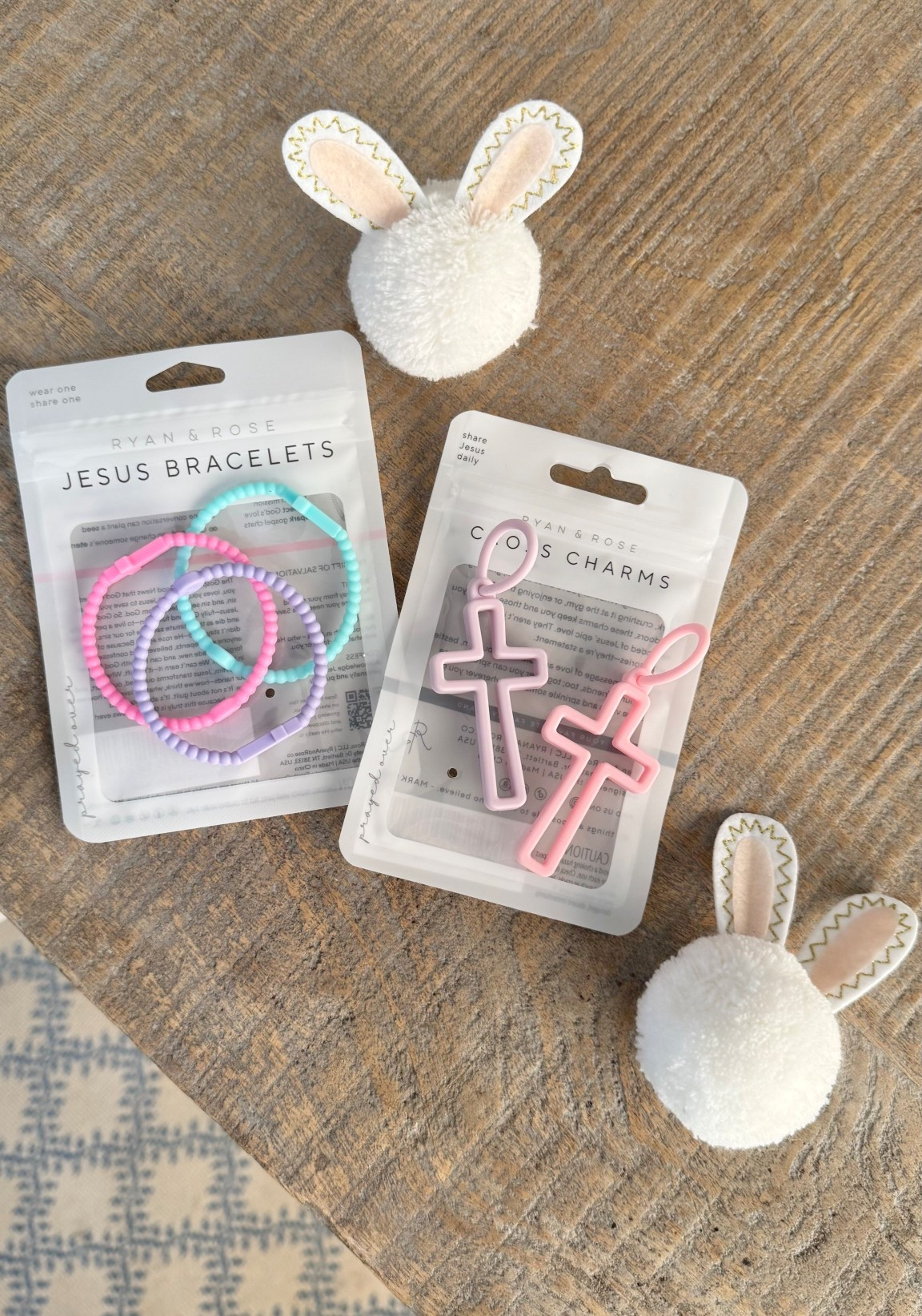 Ryan and Rose silicone Jesus bracelets. Cross bag charms. 