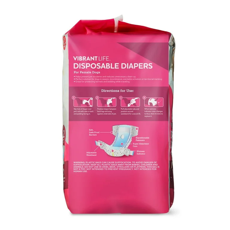 Vibrant Life Disposable Dog Diapers for Female Dogs, S, 12 Count | Walmart (US)