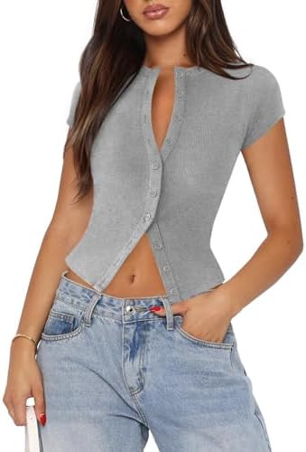 Women's Button Down Shirt Cap Sleeve Tops for Women Button Up Ribbed Knit Slim Fit Casual Y2K Cro... | Amazon (US)