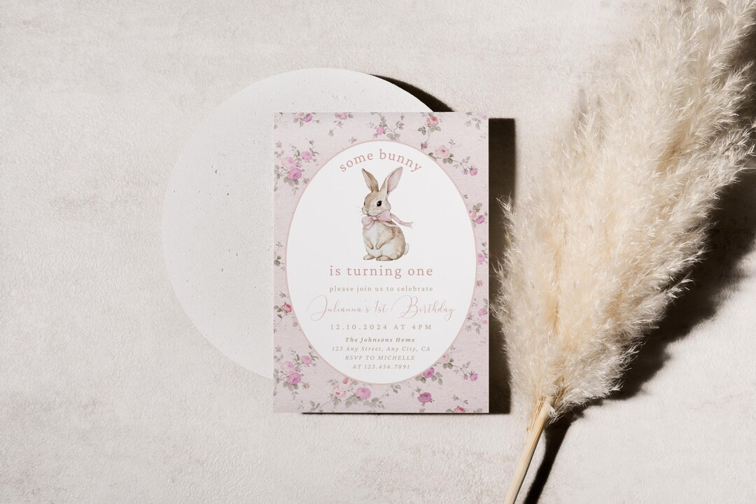 Coquette Vintage Pink Bow Bunny Birthday Invitation, Some Bunny is Turning One Invite, First Birt... | Etsy (US)