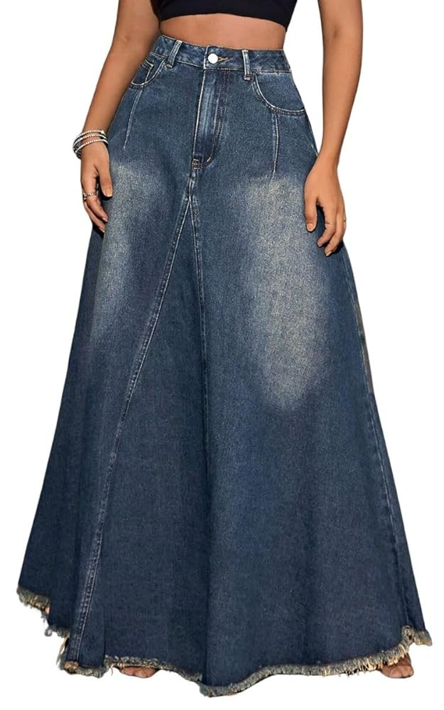 Women's Vintage Full Length Denim Skirts High Waisted Frayed Raw Hem Flared A Line Maxi Long Jean... | Amazon (US)