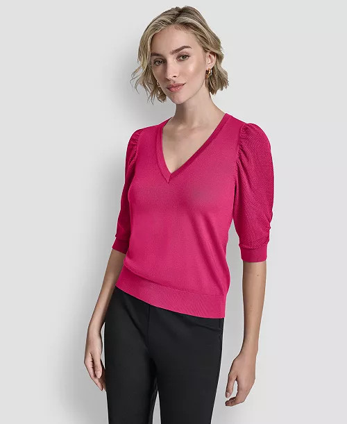 DKNY Women's Puff-Sleeve V-Neck Sweater - Macy's | Macy's