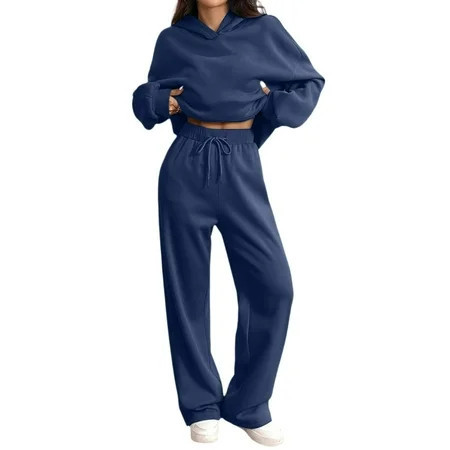 Women s Oversized 2 Piece Sweatsuit Set Hoodie Wide Leg Sweatpants Casual Lounge Outfit Navy XL | Walmart (US)