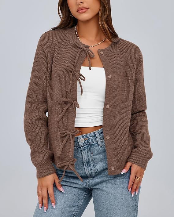BTFBM Cardigan Sweaters for Women Trendy 2024 Fall Open Front Long Sleeve Button Down Bow Knot Cr... | Amazon (US)