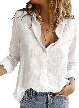 Astylish Womens V Neck Roll up Sleeve Button Down Blouses Tops | Amazon (US)