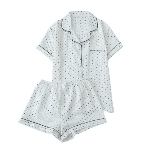 Verdusa Women's 2 Piece Pajama Sets Cute PJ Set Button Down Shirts and Shorts Sleepwear White Large | Amazon (US)